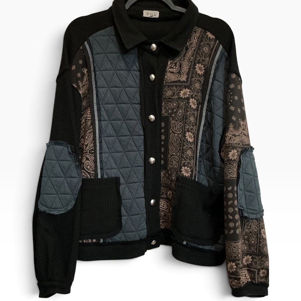 POL Black Bandana Patchwork Waffle Knit Quilted Jacket GKJ37 Womens Medium
